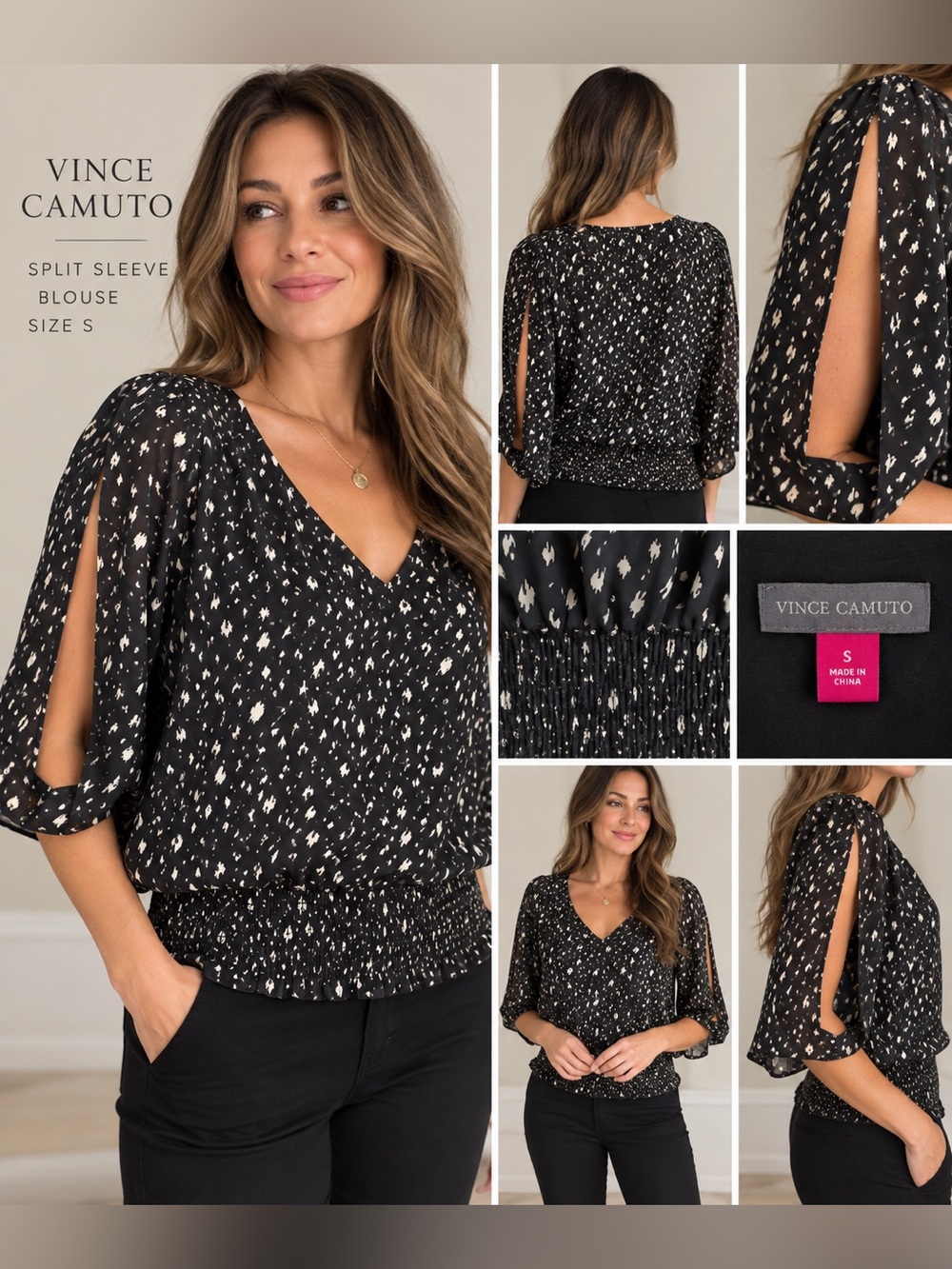 Vince Camuto Black Ivory Print Split Sleeve Smocked Hem Blouse S